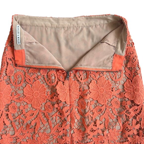 Alice + Olivia Orange Lace Floral Pencil Skirt Size 2 Designer Statement - Picture 7 of 10